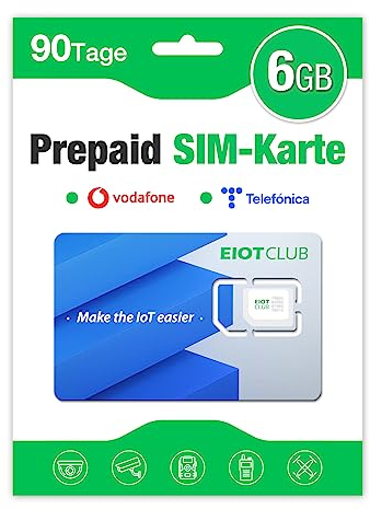 EIOTCLUB Prepaid SIM Karte ohne Vertrag, Kompatibel mit Vodafone & Telefónica Netz, 6GB for 90 Tage, nur Daten, für LTE Überwachungskamera & Wildkamera & GPS-Tracker