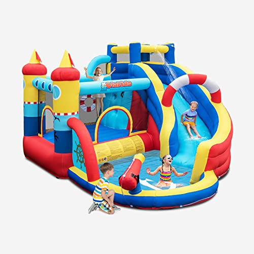 DREAMADE Hüpfburg mit Wasserrutsche, Bounce Haus mit Langer Rutsche, Wasserpistole & Kletterwand für Kinder 3-10 Jahre, 360 x 290 x 200cm, Outdoor (ohne Gebläse)