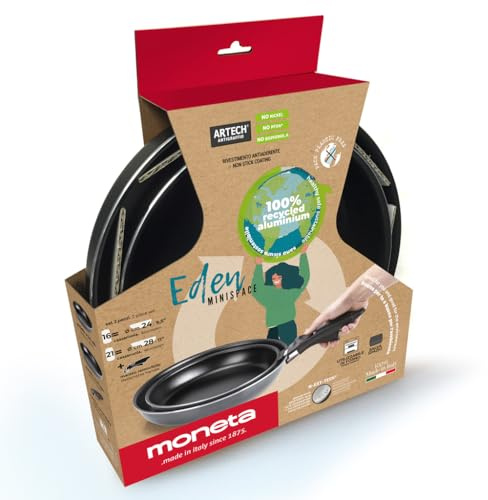 Moneta Eden Minispace set di padelle antiaderenti 24 + 28 cm + manico removibile, alluminio riciclato, 100% Made in Italy
