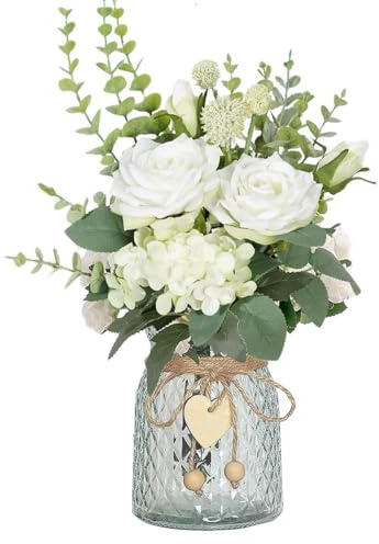 YELIKIT Artificial Fake Flowers Plant with Vase, Faux Silk Roses Floral Hydrangea Bouquet in Vase, Table Centerpiece Decorations Wedding Bouquets for Party Office Farmhouse Kitchen Home Decor, White