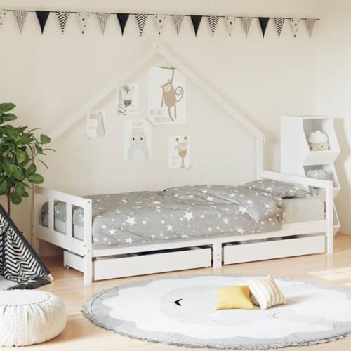 Festnight Kinderbett Hausbett 90 x 200 cm Kinderbett mit Schubladen Weiß Holzbett Rausfallschutz Bett Hausbett Kinder Kinderbett Bett Kinder