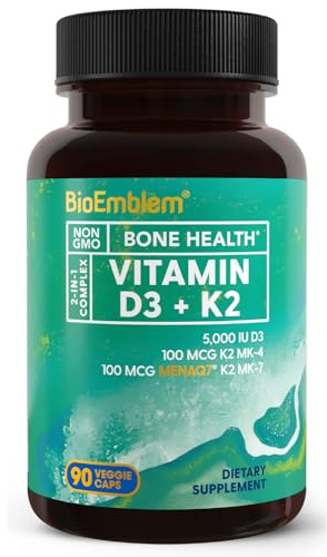 BioEmblem Vitamin D3 K2 Capsules (5000IU and 200mcg) - Patented MK7 and MK4 for 3-in-1 Complex Support - Vegetarian Vitamin D K2 Supplement for Teeth, Heart, Immune System - Non-GMO, 90 Caps