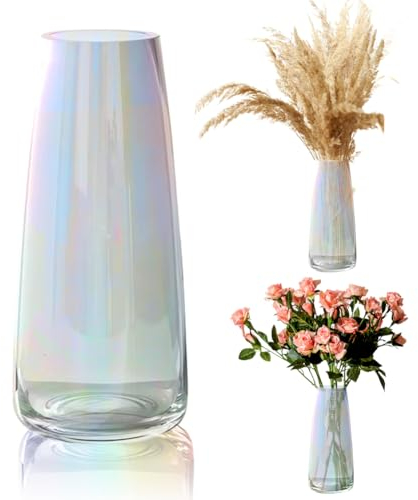 Gohytal Vases: Clear 22cm Tall Glass Vase for Modern Living Room Decor - Pampas, Tulip, Rose Flowers; Simplistic Gifting, Christmas Home Room Décor