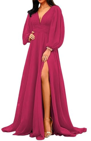 Vestido de dama de honor con cuello en V para mujer, manga larga, con abertura, de gasa, formal, vestido de fiesta de noche para boda, fucsia, 48
