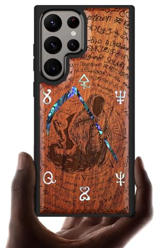 Carveit Handcrafted Case for Galaxy S24 Ultra (The Grim Reaper-Red Wood) | Samsung Galaxy S24 Ultra Case - Compatible with MagSafe Wireless charger - Wood Engraved Shell Inlaid - TPU Shockproof Bumper