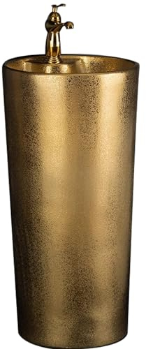 ZTGL Badezimmer-Waschbecken, Keramik-Waschbecken, Rundes Standwaschbecken, Gold Säulen-Badezimmer-Waschbecken, Kunstwaschbecken mit Wasserhahn Und Pop-Up-Ablauf