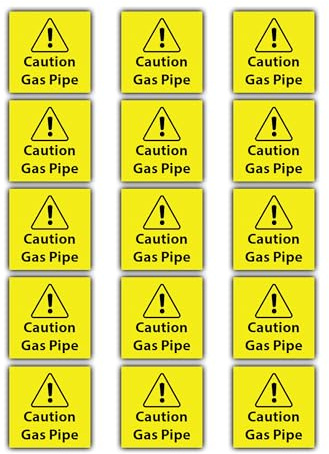 Generic 15 Pack Caution Gas Pipe Sticker Signs - 55mm x 55mm - Yellow Vinyl Warning Signs