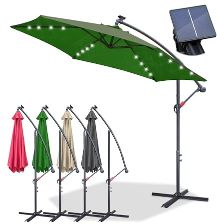 Jopassy Parasol déporté, 300 cm, avec LED solaire, grand, avec support, à manivelle, en aluminium, protection UV, imperméable, pour terrasse, balcon, jardin, vert, Parasol déporté vert avec LED, Ø300