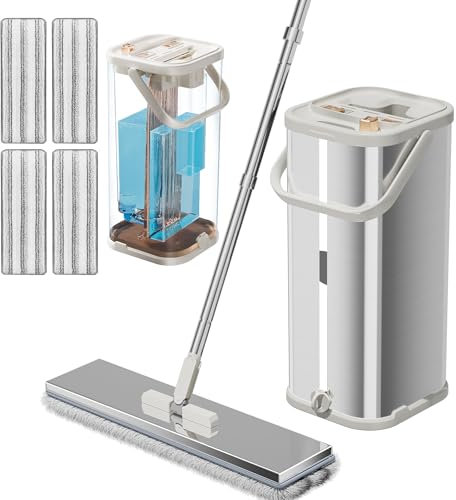 SWIFTIRON Trapeador y cubo separados para agua sucia, fregona y cubo con escurridor para el hogar, fregona plana manos libres incluida, 4 almohadillas de microfibra reutilizables