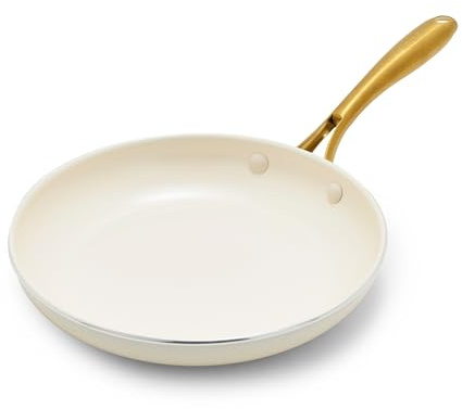 GreenPan Swift Keramik-Bratpfanne, antihaftbeschichtet, PFAS- und PFOA-frei, gesundes Kochen, goldfarbener Edelstahlgriff, vielseitige Kochutensilien, spülmaschinen- und ofenfest, cremefarben