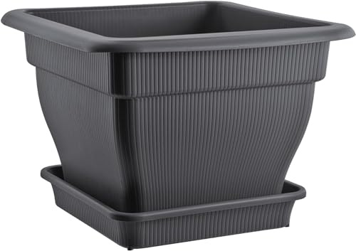 Pflanzkübel 38x38 cm 18 Liter Anthrazit Wasserspeicher Blumentopf Modern | BURI Untersetzer UV-stabil und frostsicher aus robustem Kunststoff für Pflanzgefäße auf Balkon, Terrasse und Garten