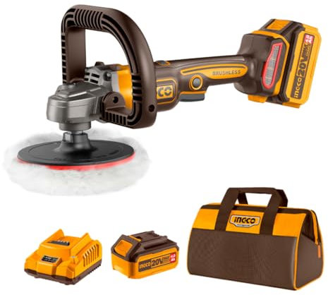 INGCO Cordless Rotary Polisher Car Polisher 180mm M14 Brushless 3IN1 Polisher Buffer and Sander with 4.0Ah Battery and Charger for Car Detailing Polish Buffing Sanding DIY APLI20181