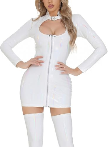 Maeau Catsuit Damen Jumpsuit aus schwarzem Leder, Lack-Latex-Body, langärmelig, Club, Nachtwäsche, Nachtclub, Kleider, Damen, Wet-Look, Turnanzug, Dessous, Party, M, L, XL, 3XL, weiß, 50