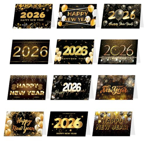 Losuya 12 st svart guld 2025 nyårskort med kuvert 2025 gott nytt år gratulationskort semestergåvor