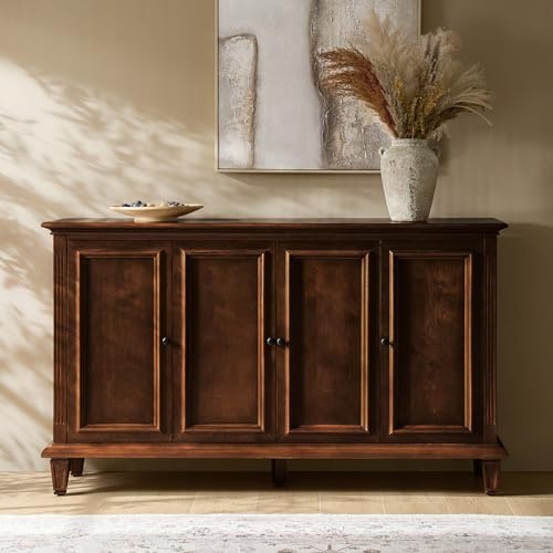 HULALA HOME Traditional Sideboard Buffet with Racks, Rubber Wood Legs, 58 Cabinet with Drawer Organizers for Living Room/Kitchen, Walnut