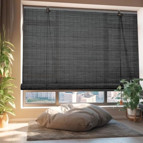 Custom Bamboo Blinds for Windows Shutters Light Filtering Outdoor Roller Blinds Roman Blinds Shades Outdoor Roller Blinds 70% Blackout UV Protection Privacy for Patio Porch Garden Kitchen 50-170cm(Bla