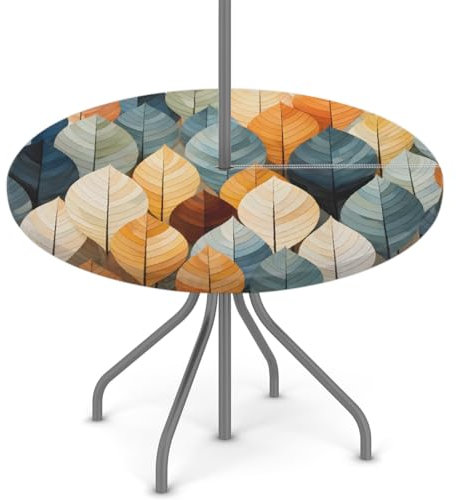 Mexpekil Runde Tischdecke für den Außenbereich, mit Schirmloch und Reißverschluss, mehrfarbig, Laubbäume, abwischbar, 91,4–111,8 cm, elastischer Rand für Terrasse, Garten