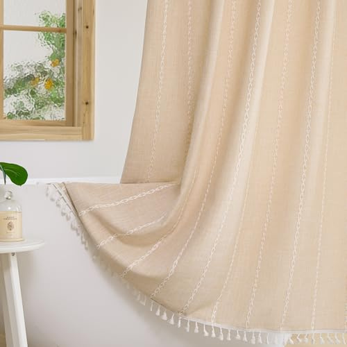 Plenmor Heavy Weight Fabric Cotton Shower Curtain with Hooks Waterproof Stripe Bathtub Boho Curtain for Bathroom Beige W 70.9 x L 70.9 (1 Panels)