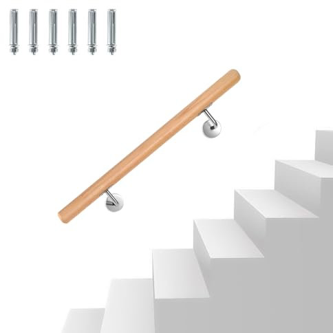 Eikuavons - Main courante en bois de hêtre, 50 cm - Garde-corps mural avec support mural et embouts, main courante antidérapante en bois pour escalier et balcon, Ø rond de 42 mm