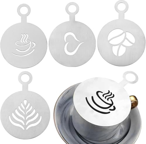 4 PCS Edelstahl Kaffee Schablonen - Tortendekoration und personalisierte Latte Art mit Barista-Grade Cappuccino Kunst Schablonen