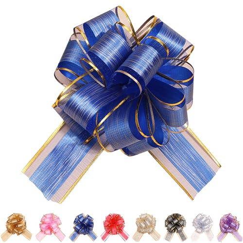 LaresDay Geschenkschleifen 5 Stück Groß (18cm) für Geschenkverpackung Hochzeitsauto & Auto Deko - Wiederverwendbare Dekoschleifen mit Goldfolie für Hochzeit, Party, Einweihungsfeier (Blau)