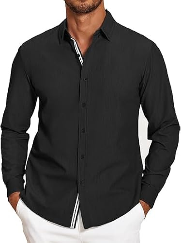 COOFANDY Camisas Casuales de Manga Larga con Botones para Hombre, Camisas elásticas para Negocios, Camisas Casuales de Moda, Corte Regular Negro 3XL