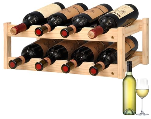 LEKEFETO Étagère à vin en bois massif naturel : 2 compartiments, porte-bouteilles en bois, bijoux casier à vin décoration pour cave, cuisine, bar, salle à manger (bois naturel)