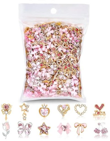 Muorruo Ensemble de 48 Charms pour Ongles avec Charms Cœur, Étoile et Cerise, Ornement Ongles 3D en Alliage, Décorations pour Ongles Y2K et Pierres Précieuses avec Strass