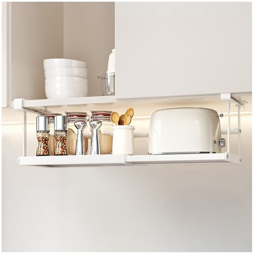 Expandable Under Shelf Storage, Adjustable Cabinet Hanging Shelf (White) | Axroad Mall Metal Under-shelf Storage Shallow Rack Basket for Kitchen Cabinet, Pantry, Closet, Bedroom, Bathroom