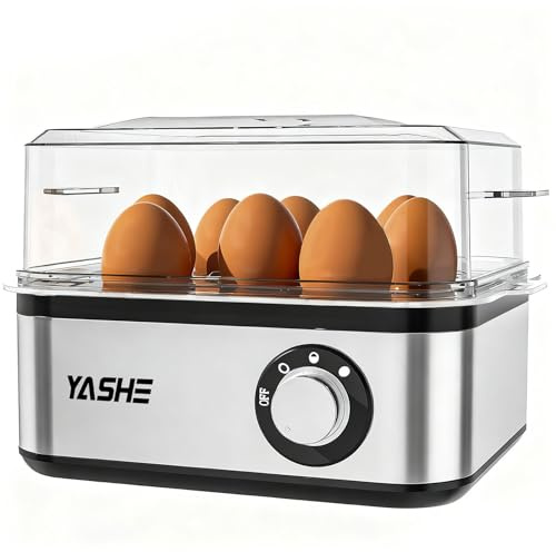 YASHE Rapid Egg Cooker, 8 Egg Capacity Stainless Steel Boiler Egg Maker for Soft, Medium, Hard Boiled Eggs, Poached with Auto Shut-Off & Buzzer, Includes Omelet Bowl & Measuring Cup, BPA Free