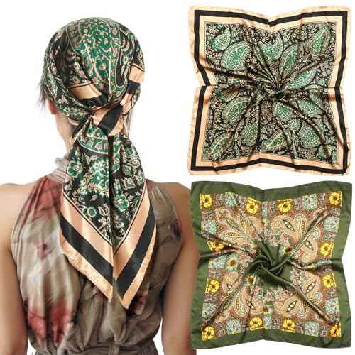 ViEinkaufen 2 Pcs Large Square Scarf, Square Satin Headscarf for Hair, Smooth Soft Satin Scarves, Scarves Wrap Neck Headscarf for Women Girls Sleep Beach Party Daily, 90 × 90 cm