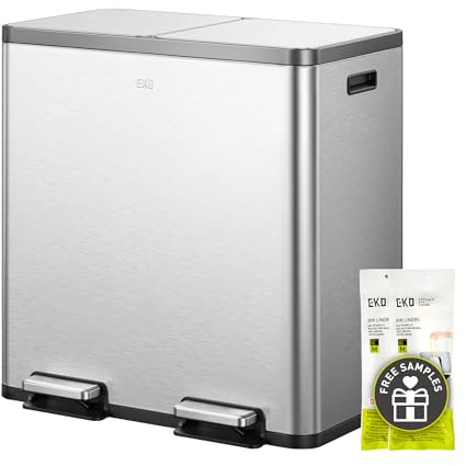 EKO Ecocasa Plus 80L Dual Compartment Recycling Bin, 2 x 40L Large Kitchen Pedal Bin, Double Rubbish Bin with Soft-Close Lids, Removable Buckets and Fingerprint-Resistant Stainless Steel
