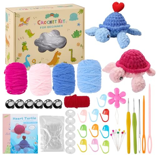 2er Häkelset für Anfänger, Tier-Häkelset, komplettes Schildkröten-Strickset mit Häkelnadeln, für Erwachsene und Kinder als Strickeinsteiger, Nadel und Garn, DIY-Häkelzubehör, Bastelset als Geschenk