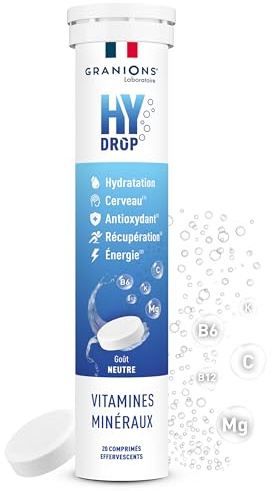 GRANIONS HYDROP Neutre – Pastilles Hydratation SANS SUCRES – Électrolytes Hydratation – Vitamines & Minéraux – Magnésium, Zinc – Fabriqué en France – 20 Pastilles Effervescentes