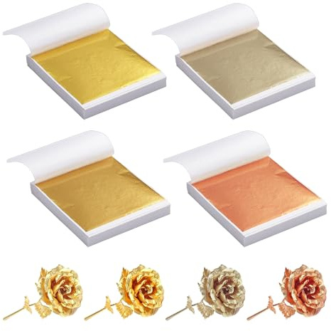 Pushiibee Pan de Oro Imitación, 400 Hojas de Pan de Oro Imitación para Manualidades y Dorado, 4 Colores Láminas de Papel Dorado y Plata para Decoración y Nail Art