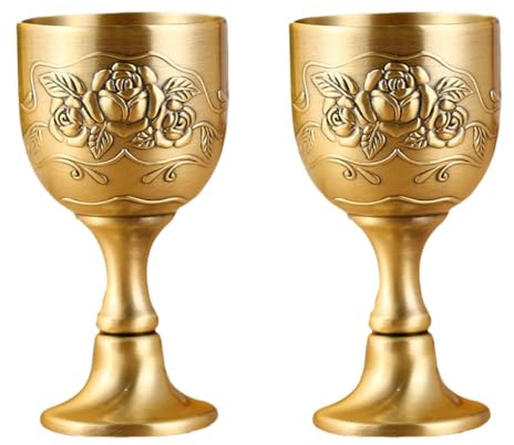 COHEALI Copas de Vino Mini de Aleación de Bronce Vintage, 2 Piezas, Vaso de Whisky Grabado Floral Artesanal, Cáliz Pequeño para Licor y Celebraciones en Hogar y Fiestas