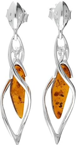 Boucles d'oreilles pendantes en argent sterling 925 - Ambre de cognac torsadé - 7 mm x 37 mm - Poids : 3 g