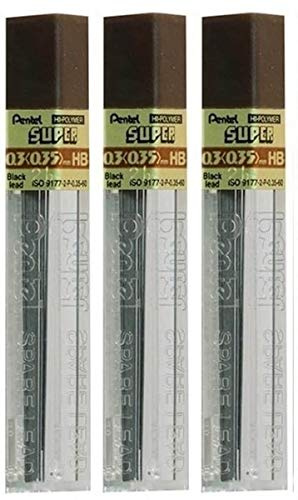 Pentel 0.3mm Size HB Shade Hardness Pencil Refill Replacement Spare Leads Hi Pollymer Super for Automatic & Mechanical Pencils (Pack of 3 Tubes - 36 Pieces)