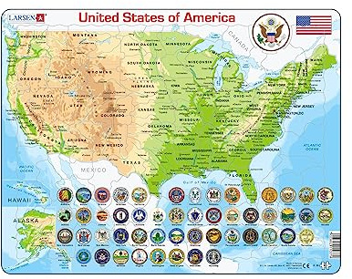 Larsen Puzzle K36-GB – USA Physikalische Karte, Englisch, Alter 6–12, Rahmenpuzzle mit 90 Teilen, lehrreiches Geographie-Puzzle, Kontur- & Figurenstücke