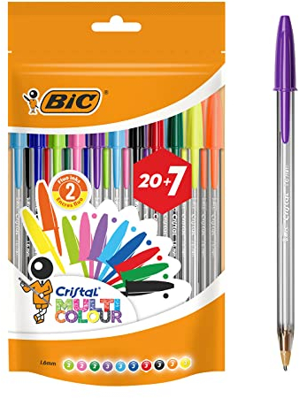 BIC Cristal Multicolour Stylos-Bille Pointe Large (1,6 mm) - Écriture Vive et Colorée - Couleurs Assorties, Pochette Refermable de 20+7