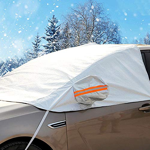 HMSR® Car Windscreen Windshield Cover Elastic with hooks Fixed Four wheels & Reflective Warning Bar on Mirror Frost Ice Snow Cover Sun Shade Shield Window Protector and Wind Proof in All Weather.
