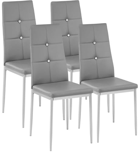 tectake® Silla de Comedor, Asiento y Respaldo Acolchado, Piel Sintética, Piedras Brillantes, Sillas Modernas, Sillas Cocina, Alta Capacidad de Carga, Montaje Rápido - 4 Sillas Gris