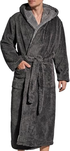 SlumberMee Mens Fleece Plush Robe with Hood Ultra Soft Fluffy Full Length Long with Pockets Luxurious House Coat (Dark Grey, XL)