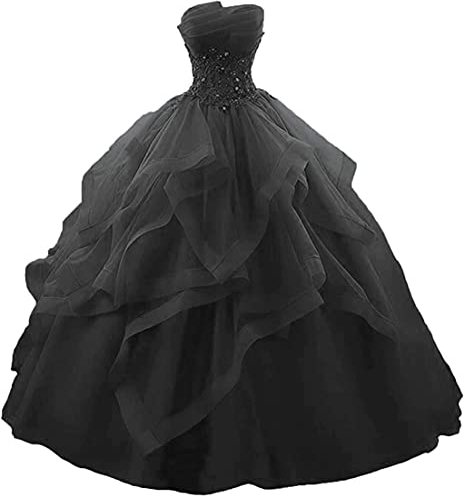 Vantexi Damen Trägerlos Spitze Tüll Abendkleid Ballkleider A-Linie Lange Abschlussballkleid Festkleider Schwarz Größe 32