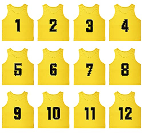 RE-HUO Set mit 12 nummerierten (1–12) Fußballwesten / Sportlatzen / Trainingsleibchen mit gratis Tragetasche (gelb 1–12, XL)