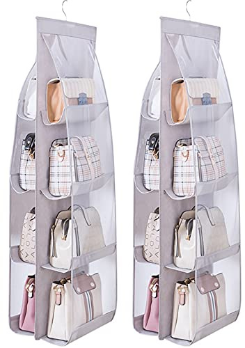 MURRI&MURRDI 2 Packs Hanging Handbag Organizer for Closet, Purse Storage Holder with 8 Easy Access Clear PVC Pockets, Womens Purse Hanger Bag for Wardrobe Door Wall Space Saving, Gray