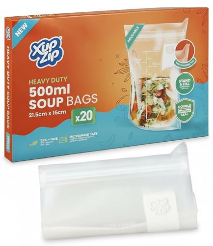 20 x XupZip 500ml Soup Bags - Clear Soup Bag 20 x 17.4cm - Heavy-Duty Freezer Bags - Airtight double Seal, Easy Pouring Tab - Standing Food Storage Bags - Reusable Freezer Bags for Soup Storage