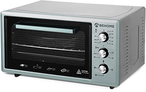 BEHOME Horno eléctrico ventilado de 48 litros con asador, autolimpieza y esmaltado, temperatura hasta 320°, doble cristal con luz interior y temporizador, 2 bandejas y 1 rejilla (gris)