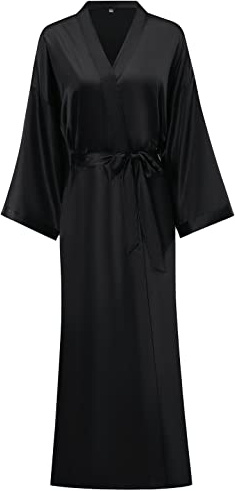 Peignoir long en satin doux pour femme - Robe de chambre longue en soie - Kimonos, noir uni, Large-X-Large