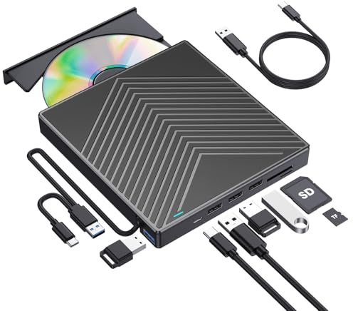 ROOFULL External CD DVD Drive, CD Burner DVD Player USB 3.0 with 4 USB Port Hub and 2 SD/TF Card Reader, USB-C CD/DVD-ROM +/-RW Disk Drive Adapter Writer for Laptop PC Mac Windows 11/10/8/7 Linux OS